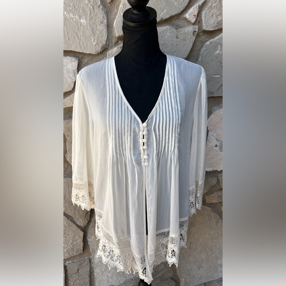 BFA Classics‎ 6 Button Crochet Lace Topper Cardigan Medium Ivory Chiffon EC